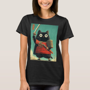 Funny Cute Japanese Cat Samurai Sumi-e Katana T-Shirt