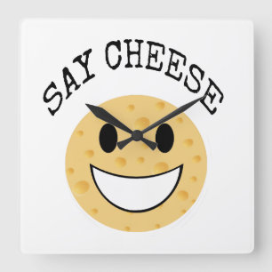 funny cute joke say cheese square wall clock