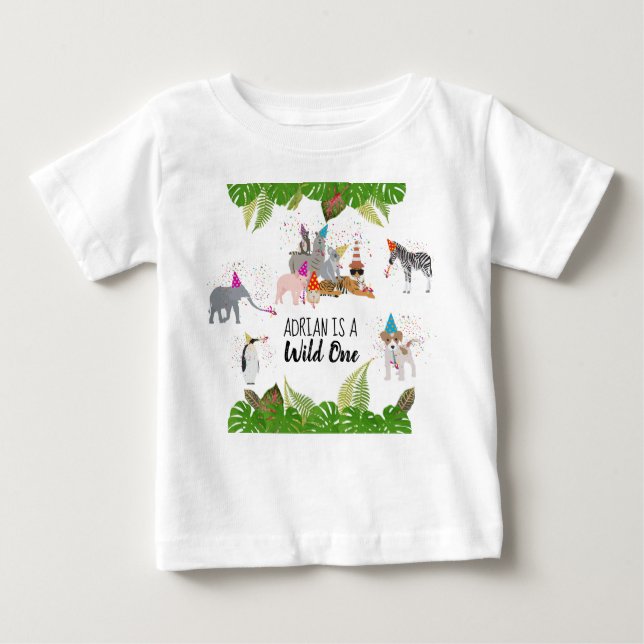 Funny & Cute Jungle Animals at Party Wild One Baby T-Shirt (Front)