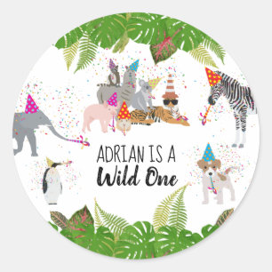 Funny & Cute Jungle Animals at Party Wild One Classic Round Sticker