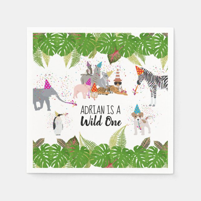 Funny & Cute Jungle Animals at Party Wild One Napkin (Front)