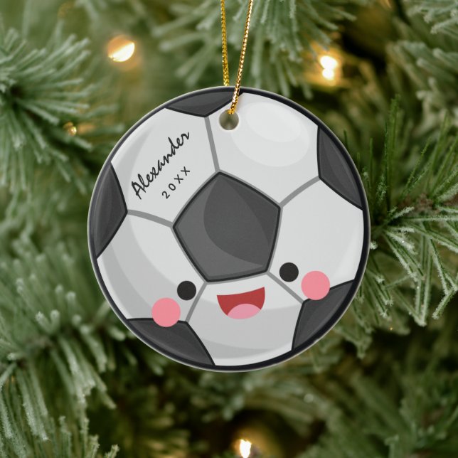 Funny Cute Kawaii Soccer Ball Kids Personalised Ceramic Ornament (Tree)