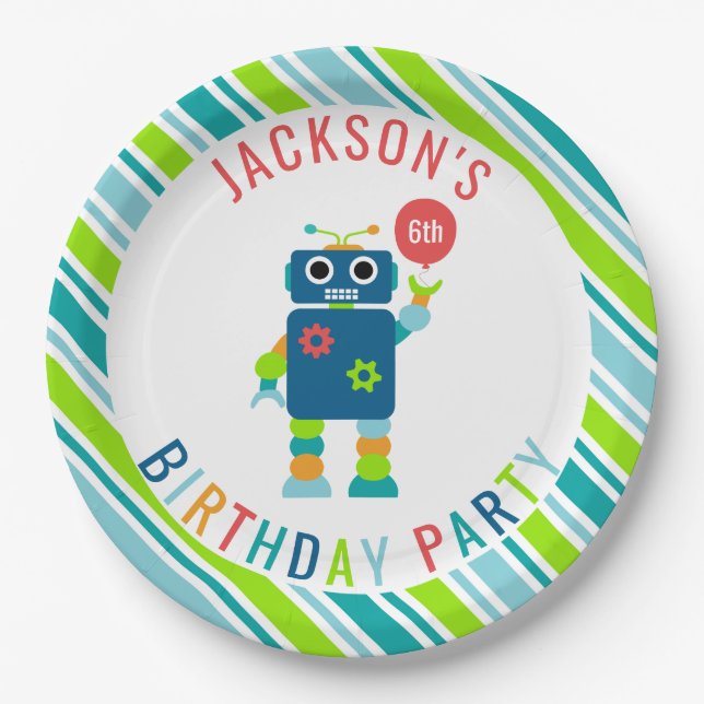 Funny Cute Kids Colourful Robot Birthday Party Paper Plate (Front)