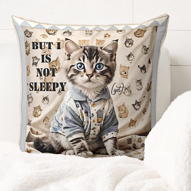 Funny Cute Kitten Bedtime Animal Art Cushion (Funny child bedroom pillow featuring a cute kitty in pajamas)