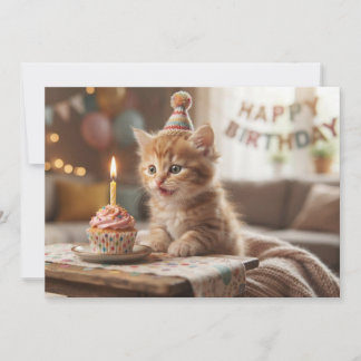 Funny cute kitten with a cupcake. Happy Birthday.  Holiday Card