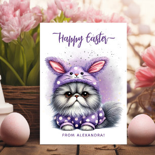 Funny Cute Kitty Bunny Costume Purple Happy Easter Holiday Card