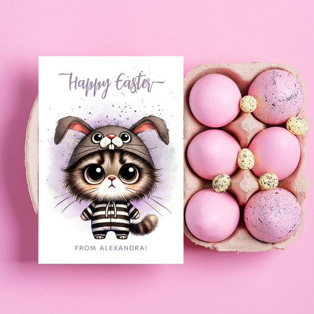 Funny Cute Kitty Bunny Ears Purple Happy Easter Holiday Card (Creator Uploaded)