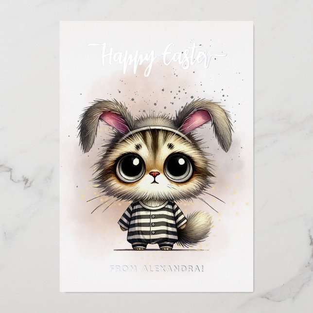 Funny Cute Kitty in Pyjamas Happy Easter Foil Holiday Card (Front)
