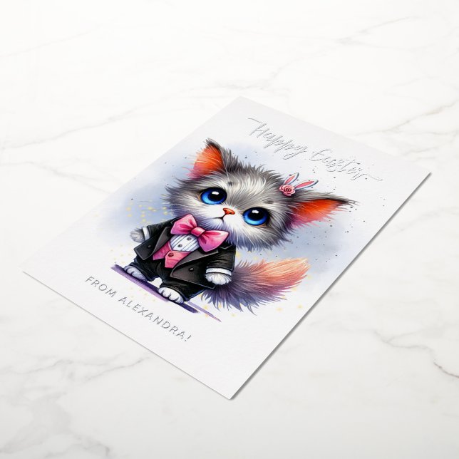 Funny Cute Kitty in Tuxedo Happy Easter Foil Holiday Card (Rotated)