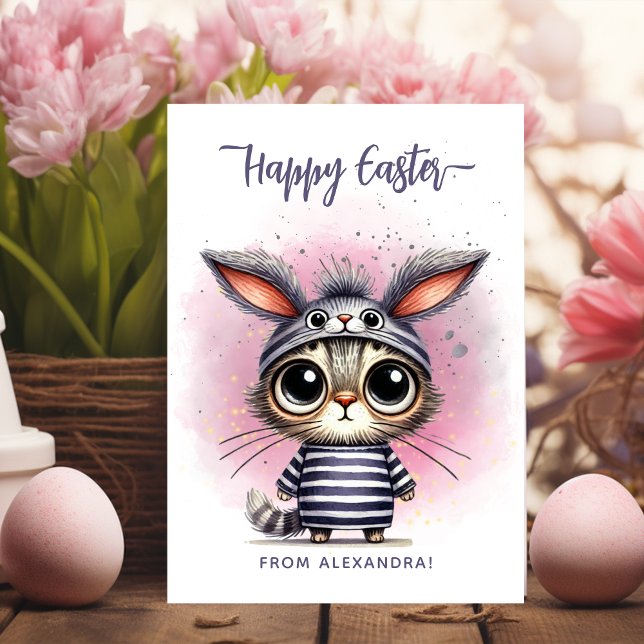 Funny Cute Kitty With Bunny Ears Happy Easter Holiday Card (Creator Uploaded)
