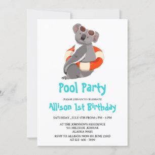 Funny & Cute Koala Swimming Birthday Party  Invitation