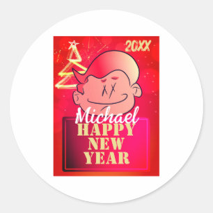 Funny Cute Little Cartoon Boy Happy New Year Classic Round Sticker