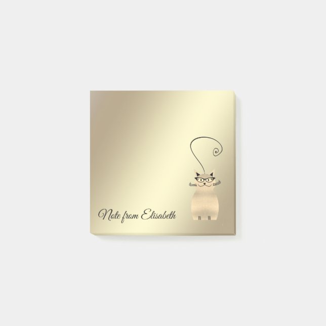 Funny cute luminous  gold whimsical cat post-it notes (Front)