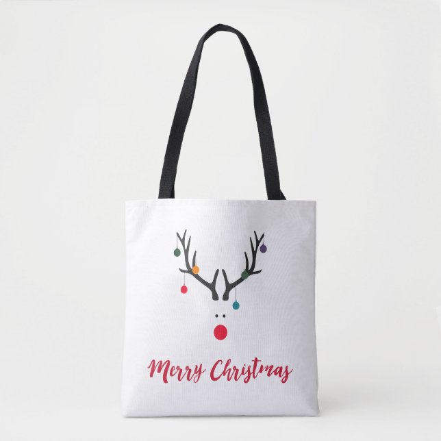 Funny cute minimalist Christmas reindeer on white Tote Bag (Front)