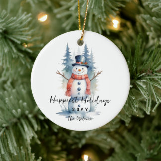 Funny Cute MInimalist Snowman Frosted Forest  Ceramic Ornament