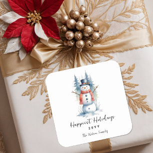 Funny Cute MInimalist Snowman Frosted Forest Square Sticker