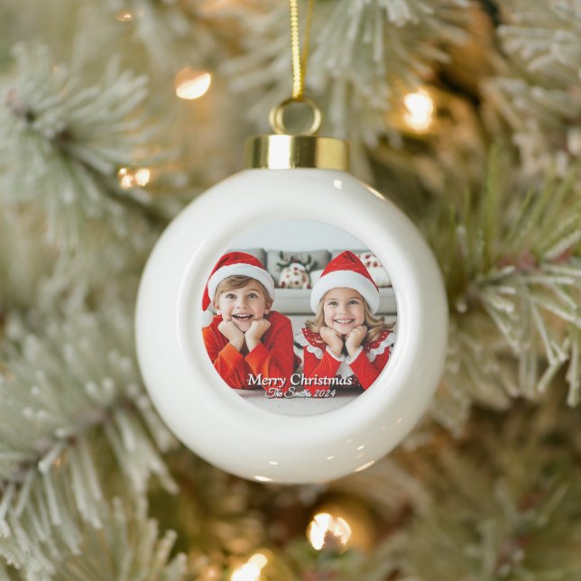 Funny, Cute, Modern Family Photo Christmas Ceramic Ball Christmas Ornament (Tree)