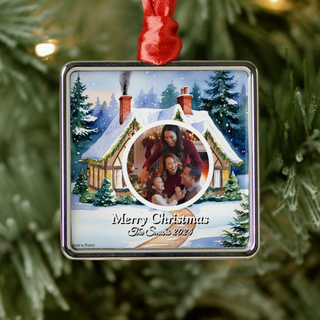 Funny, Cute, Modern Family Photo Christmas Metal Ornament (Tree)