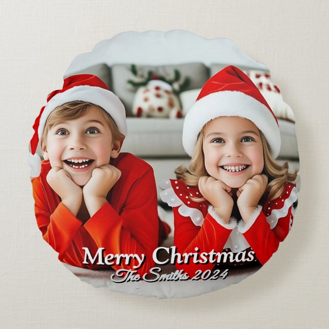 Funny, Cute, Modern Family Photo Christmas Round Cushion (Front)