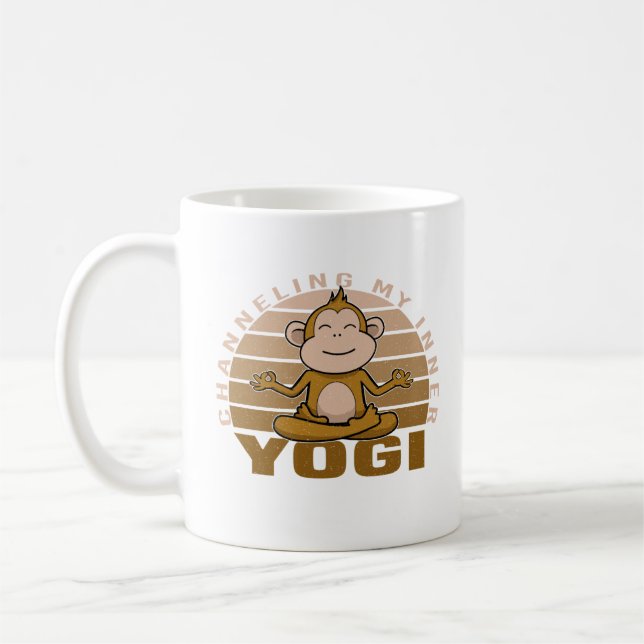 Funny cute monkey doing yoga. funny yoga poses coffee mug (Left)