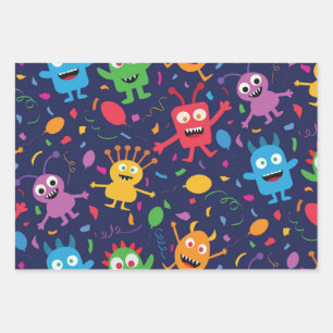 Funny Cute Monsters Pattern with Balloons  Wrapping Paper Sheet