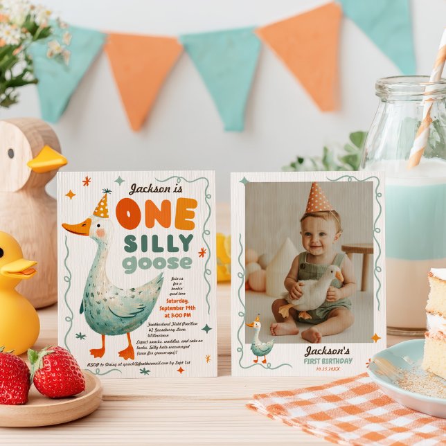 Funny Cute One Silly Goose First Birthday Photo Invitation (Funny Cute One Silly Goose First Birthday Photo Invitation)