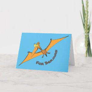 Funny cute orange flying pterodactyl cartoon card