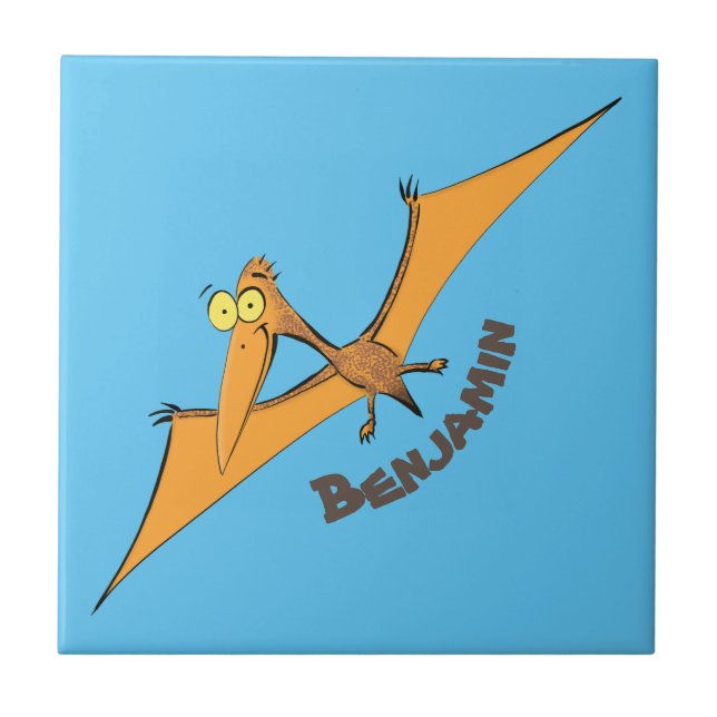 Funny cute orange flying pterodactyl cartoon ceramic tile (Front)