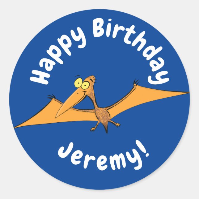 Funny cute orange flying pterodactyl cartoon classic round sticker (Front)