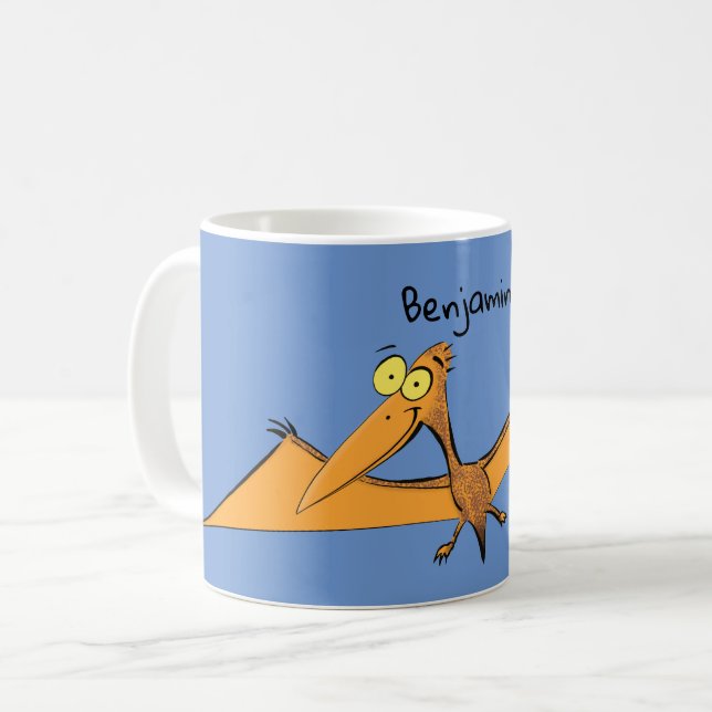 Funny cute orange flying pterodactyl cartoon coffee mug (Front Left)