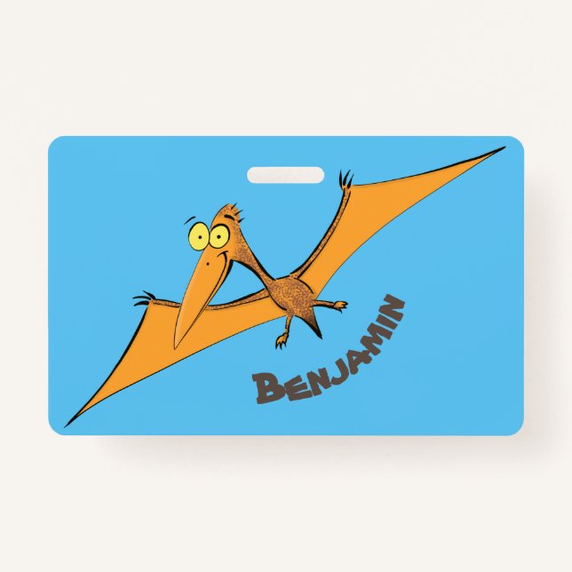 Funny cute orange flying pterodactyl cartoon ID badge (Front)