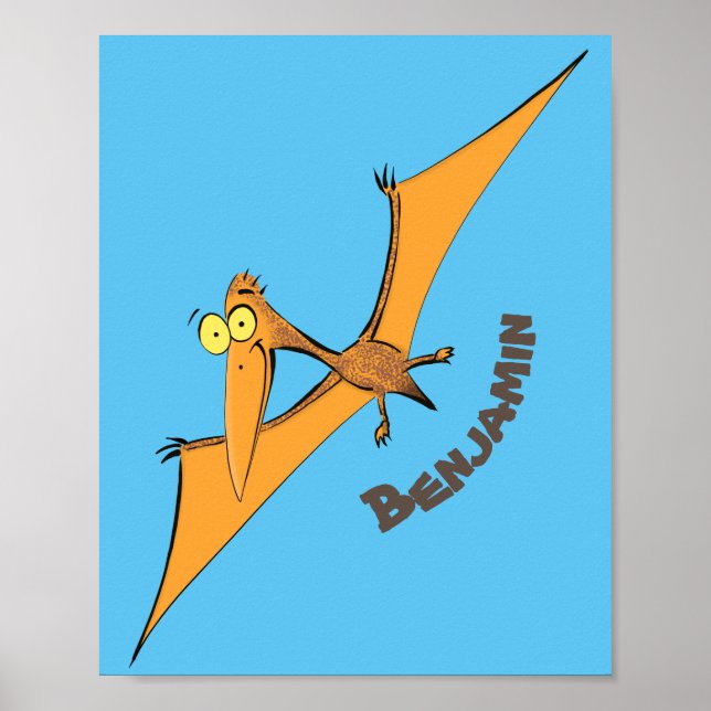 Funny cute orange flying pterodactyl cartoon poster (Front)