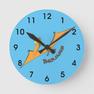 Funny cute orange flying pterodactyl cartoon round clock