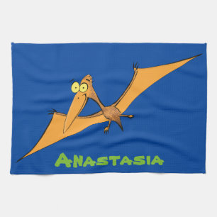 Funny cute orange flying pterodactyl cartoon tea towel