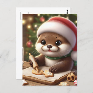 Funny Cute Otter Baking Christmas Cookies Postcard