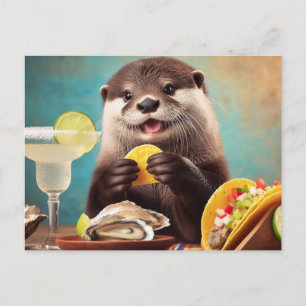 Funny Cute Otter With Osyster Tacos and Margarita Postcard