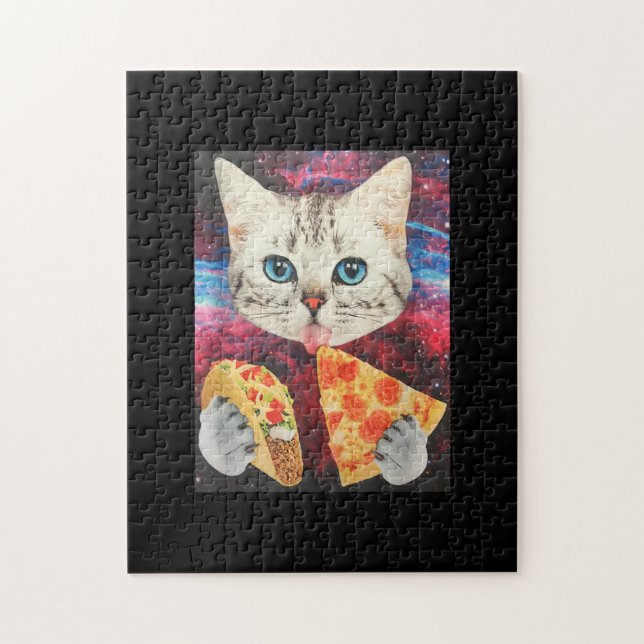 Funny Cute Outer Space Galaxy Cat Meme Pizza Taco Jigsaw Puzzle (Vertical)