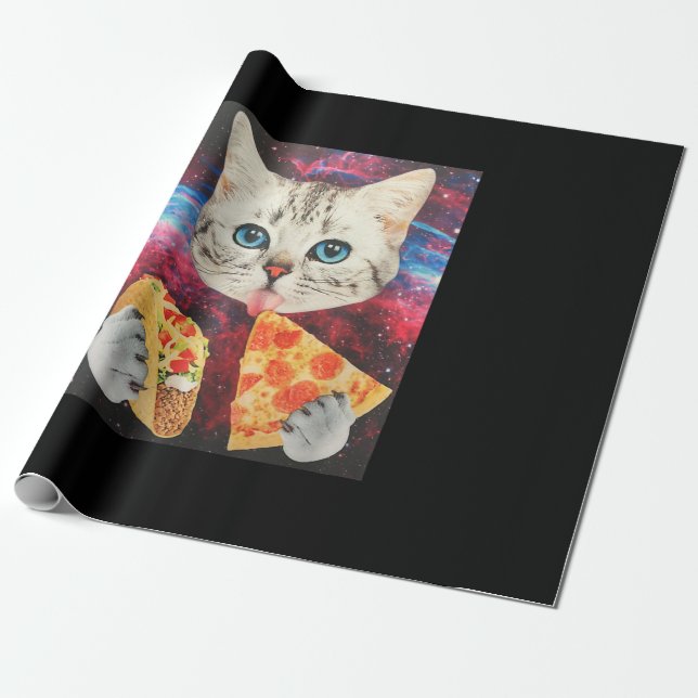 Funny Cute Outer Space Galaxy Cat Meme Pizza Taco Wrapping Paper (Unrolled)