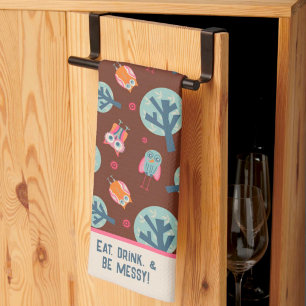 Funny Cute Owls Pattern Personalised Quote or Name Tea Towel