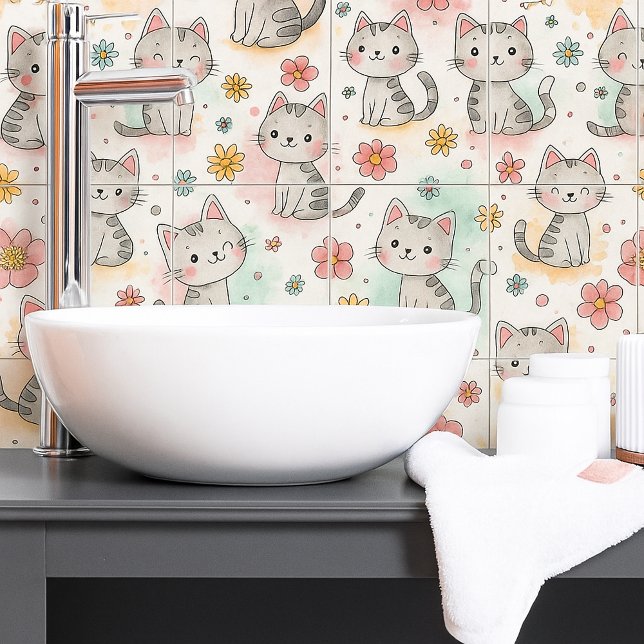 Funny cute pastel cat kawaii seamless pattern ceramic tile (Creator Uploaded)