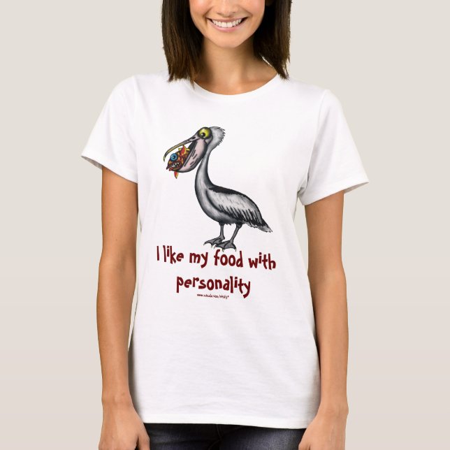 Funny cute pelican with fish t-shirt design (Front)