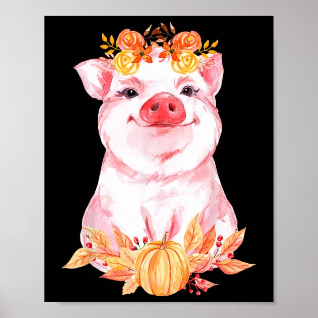 Funny Cute Pig Floral Autumn Fall Farm Animal Pigs Poster (Front)