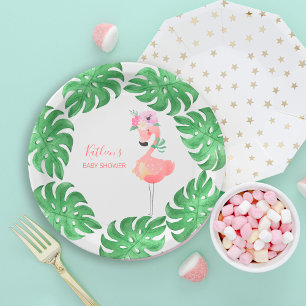 Funny cute pink flamingo baby shower paper plate