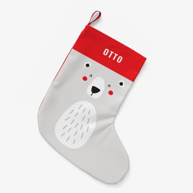 Funny cute polar bear personalised children's small christmas stocking (Front (Hanging))