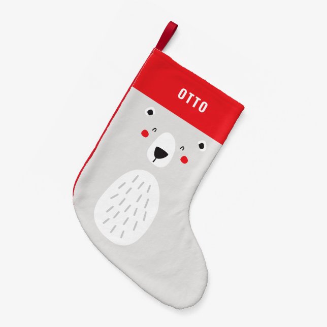 Funny cute polar bear personalised children's small christmas stocking (Front (Hanging))