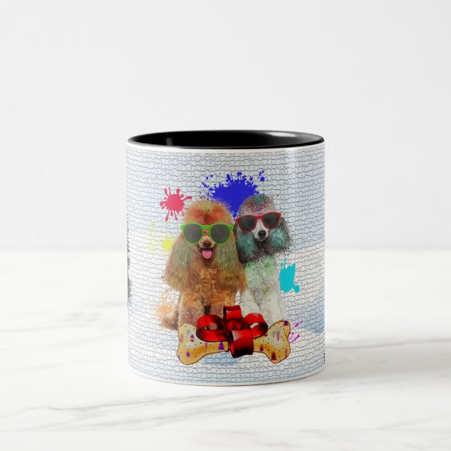 Funny Cute Poodle Dog Christmas Two-Tone Coffee Mug (Center)