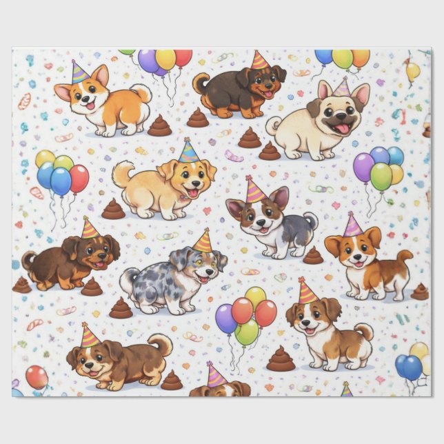 Funny & Cute Pooping Dog Birthday Wrapping Paper (Flat)