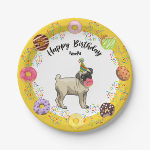 Funny Cute Pug Dog Doughnuts Birthday Party Paper Plate