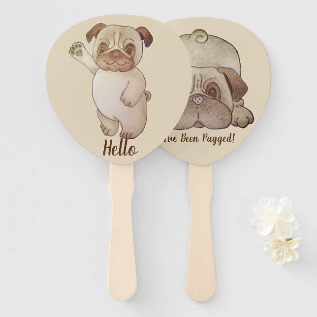 funny cute pug waving picture with fun slogan hand fan (Front and Back)