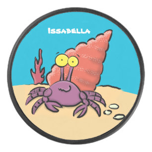 Funny cute purple cartoon hermit crab hockey puck